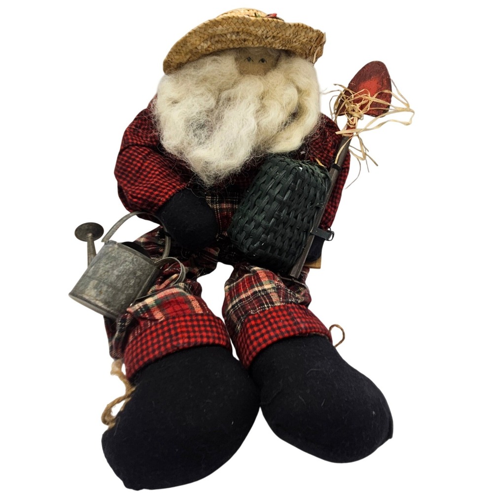 Bouquet Enterprises Handcrafted Gardener Santa Figurine Red Plaid Straw Hat 11in